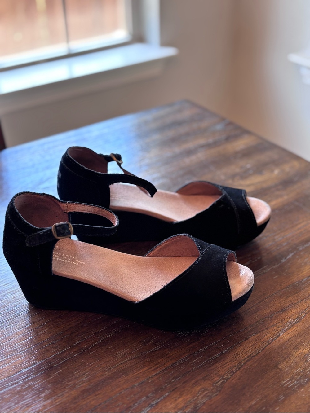 TOMS Black Suede Open-Toe Ankle-Strap Wedge Sandals